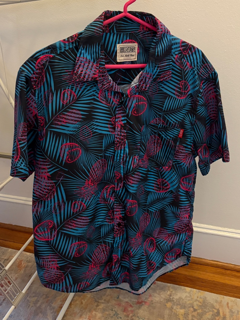 RSVLTS Black Short-Sleeve Button-Up Shirt with Teal & Pink Palm Print